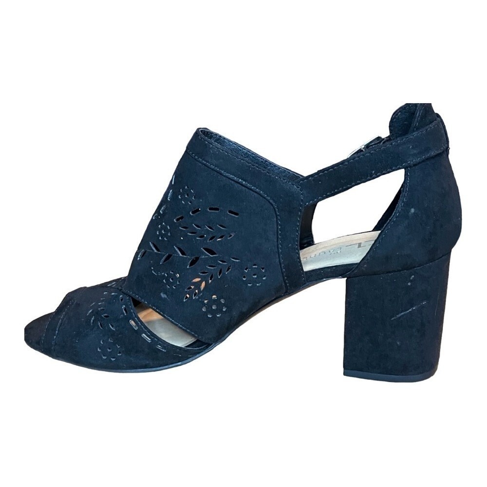 CL by Laundry Black Suede Laser Cut Peep Toe Block Heel Booties 8.5